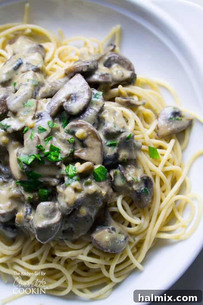One-Pan Creamy Mushroom Stroganoff 2 A close up overhead of mushroom stroganoff on a white plate, showcasing its rich, creamy texture and tender mushrooms.