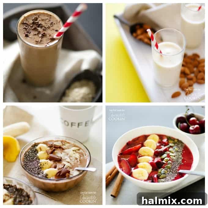Creamy Cinnamon Swirl Delight 6 An assortment of photos showcasing different kinds of smoothies and smoothie bowls, highlighting the variety of healthy blended drinks.