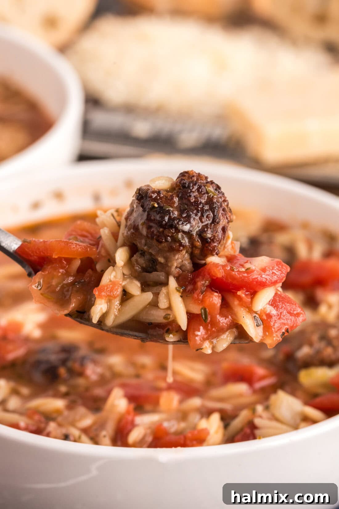 Savory Sausage Orzo Medley 3 Close up photo of a spoonful of Italian Sausage Tomato Orzo Soup