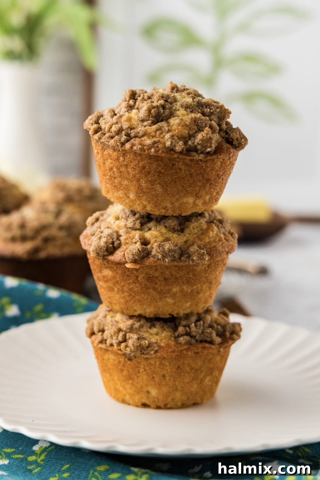 Stack of three Cinnamon Streusel Muffins