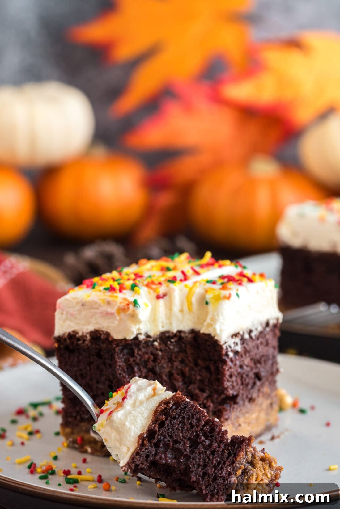 Enchanted Chocolate Pumpkin Cake 17 Piece of Chocolate Pumpkin Magic Cake on a plate with a piece removed on a fork