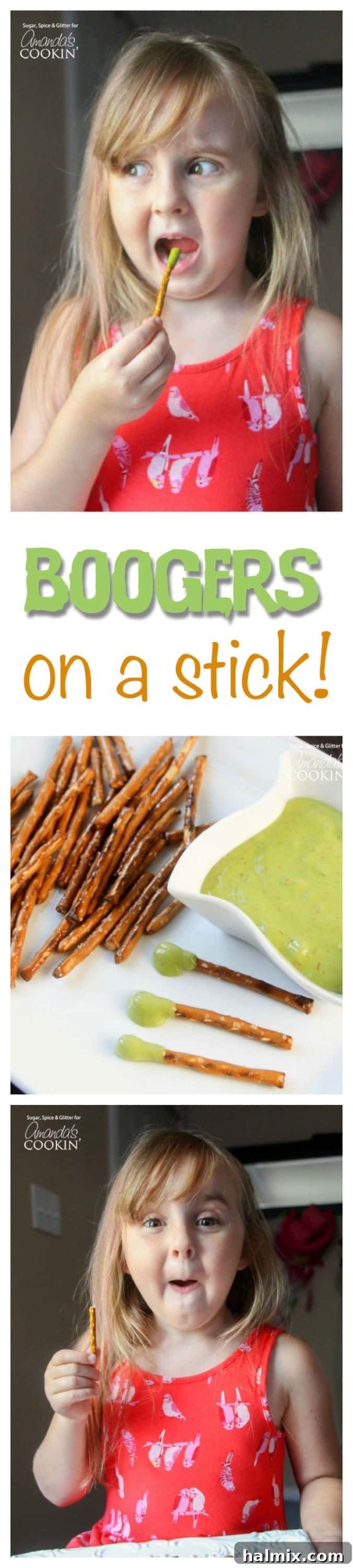 An assortment of photos of a young girl enjoying boogers on a stick and a photo of plate of boogers and sticks.
