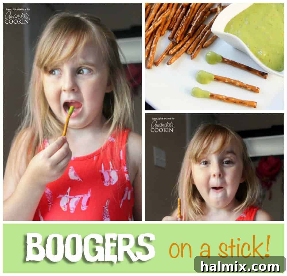 An assortment of candid photos showing a young girl enjoying 'boogers on a stick,' along with a serving platter, highlighting the fun and appeal of this Halloween treat.