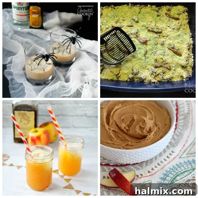 A collage of several Halloween and harvest party ideas and recipes, showcasing festive food and drink for the season.