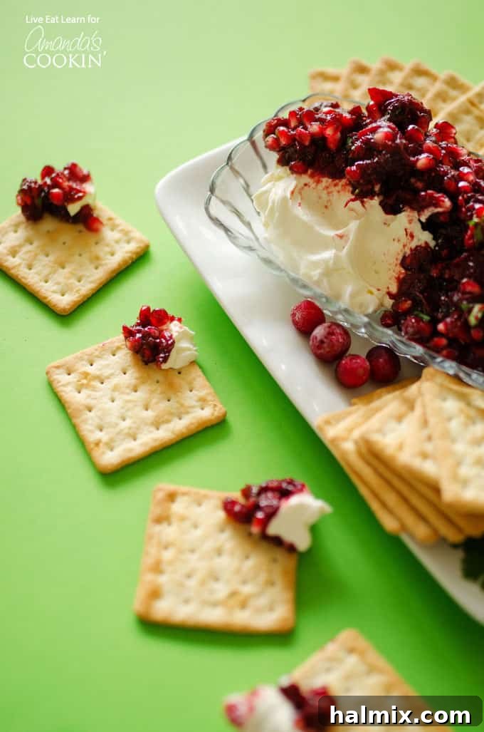 Festive Cranberry Salsa 3 Cranberry salsa spooned over cream cheese in a glass dish with cracker squares surrounding.