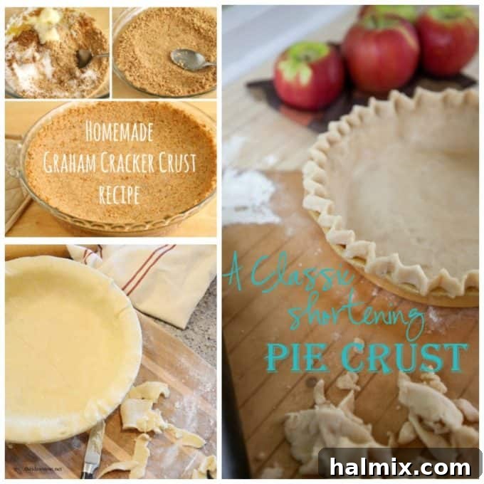 Detailed photos illustrating the steps for making a homemade graham cracker crust, alongside an image of a traditional shortening-based pie crust, highlighting texture and preparation.