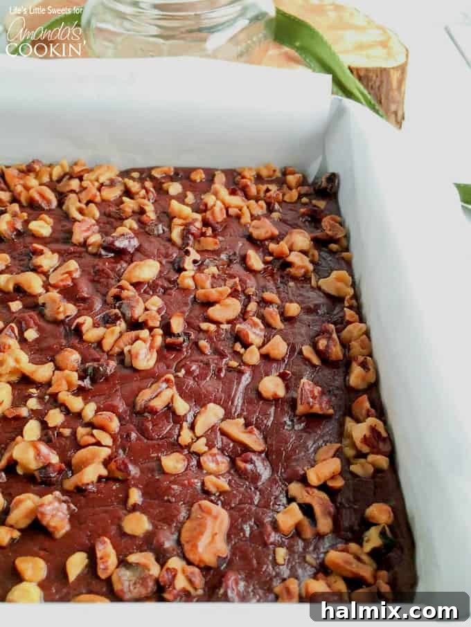 A pan filled with freshly made chocolate walnut fudge, ready to be cut.