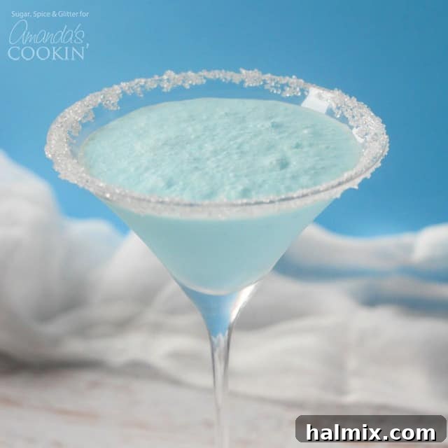 A blended frostbite martini in a clear martini glass.