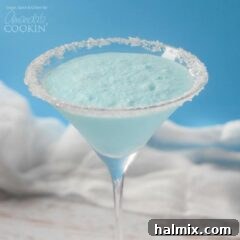 A blended frostbite martini in a clear martini glass.