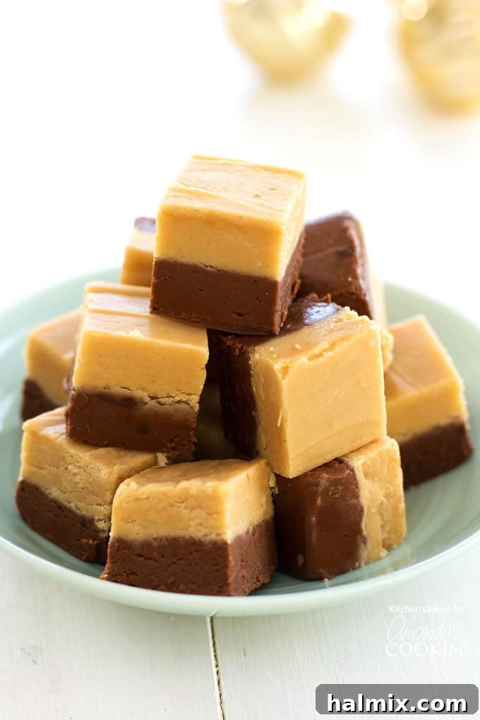 stack of chocolate peanut butter fudge squares on a plate