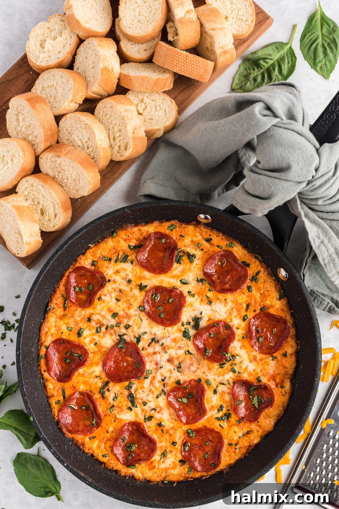 pizza dip in a cast iron skillet