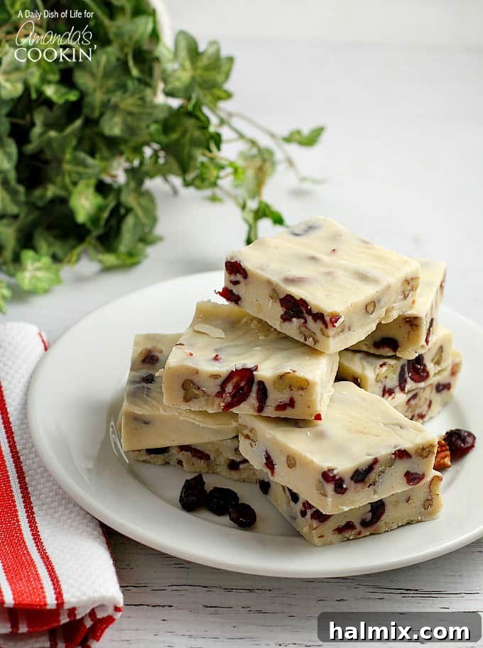 Close-up of freshly made White Chocolate Cranberry Fudge squares neatly arranged on a white plate, ready to be served.