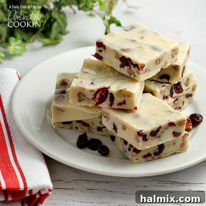 Detailed image illustrating the White Chocolate Cranberry Fudge recipe, emphasizing its festive appeal for Christmas.