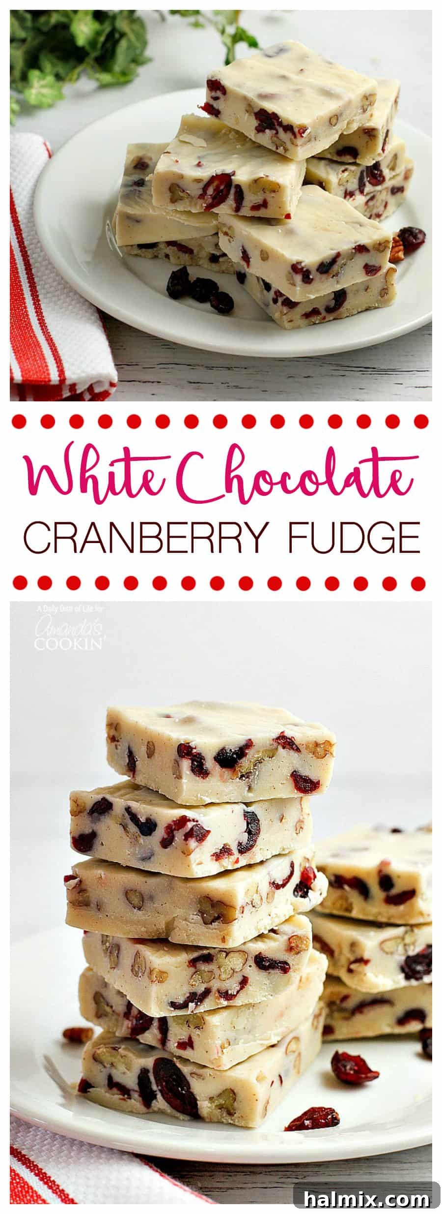 A grid of photos showcasing various angles and cuts of delicious White Chocolate Cranberry Fudge squares.
