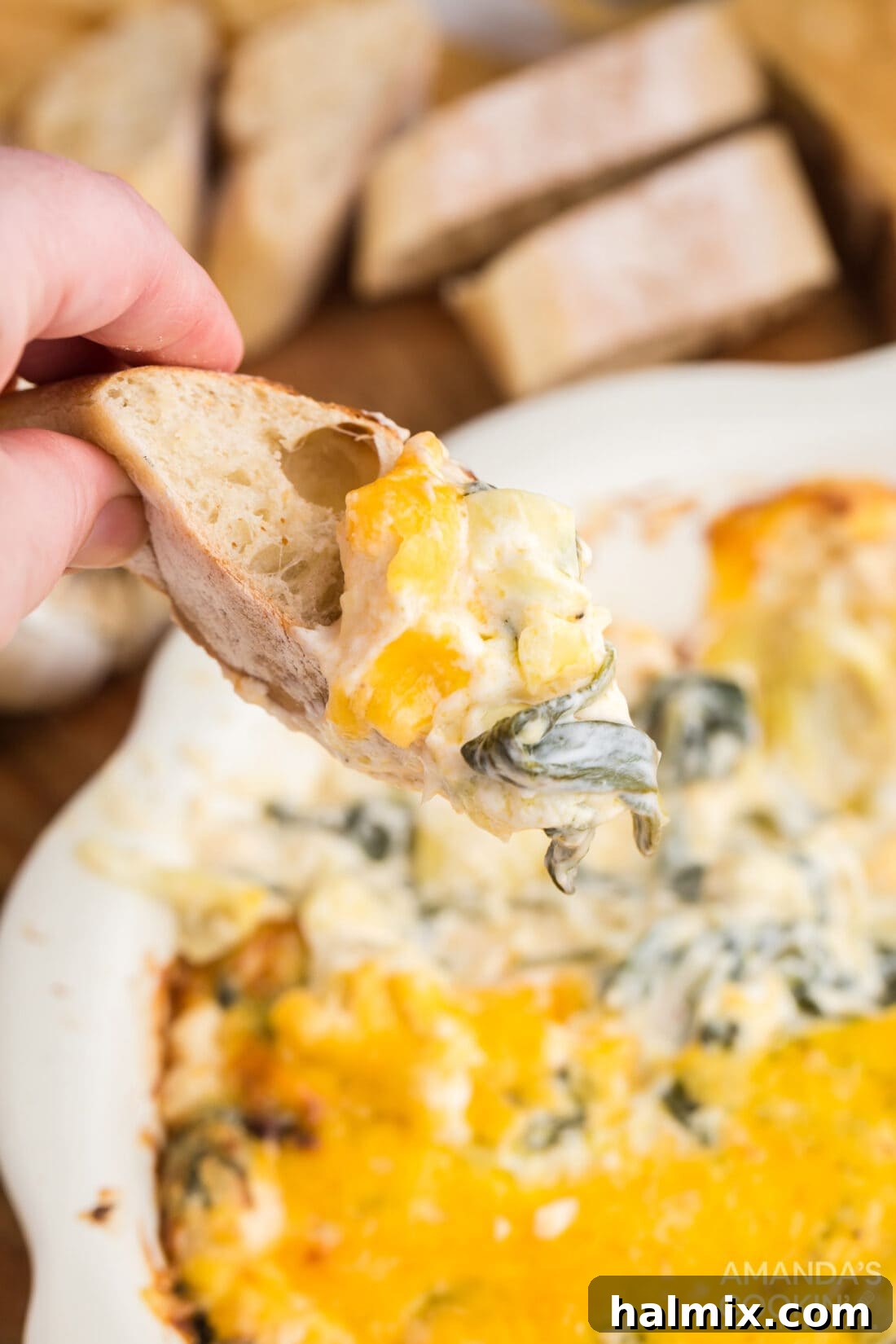 hot spinach dip on a hunk of bread