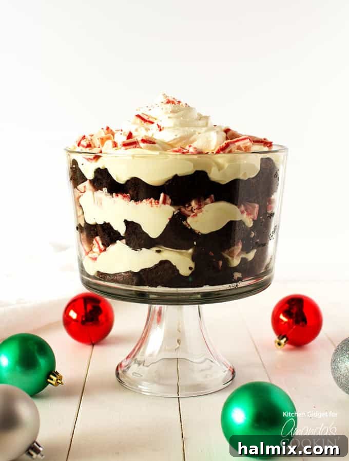 Peppermint Chocolate Layered Delight 3 A wide shot of a stunning chocolate peppermint trifle, ready to be served, highlighting its festive layers and vibrant colors.