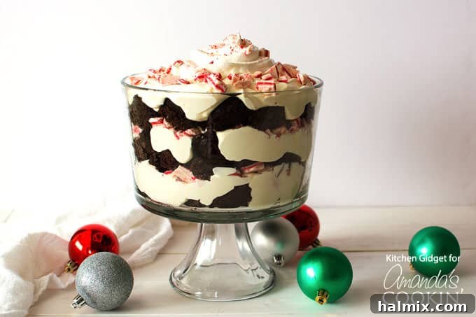 Peppermint Chocolate Layered Delight 5 A close-up of a serving of chocolate peppermint trifle, showing the rich texture of the brownie and the creamy layers.