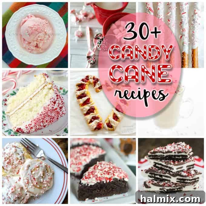 An assortment of photos of candy cane recipes including cookies, bark, and drinks.