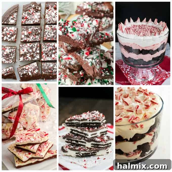 Delicious peppermint and candy cane fudge, bark, and trifles arranged on a platter.