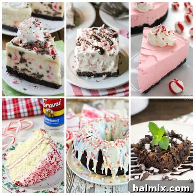 A selection of peppermint and candy cane cakes, cheesecakes, and brownie treats.