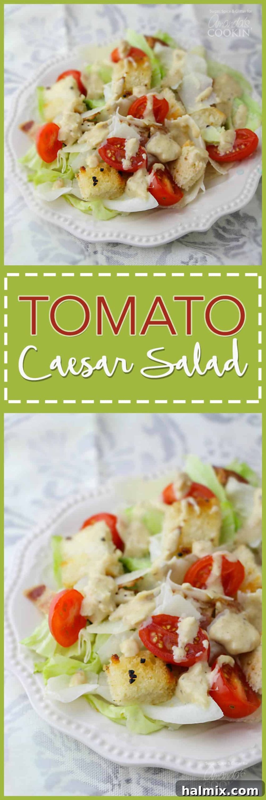 Photos of tomato Caesar salad on a plate from various angles.