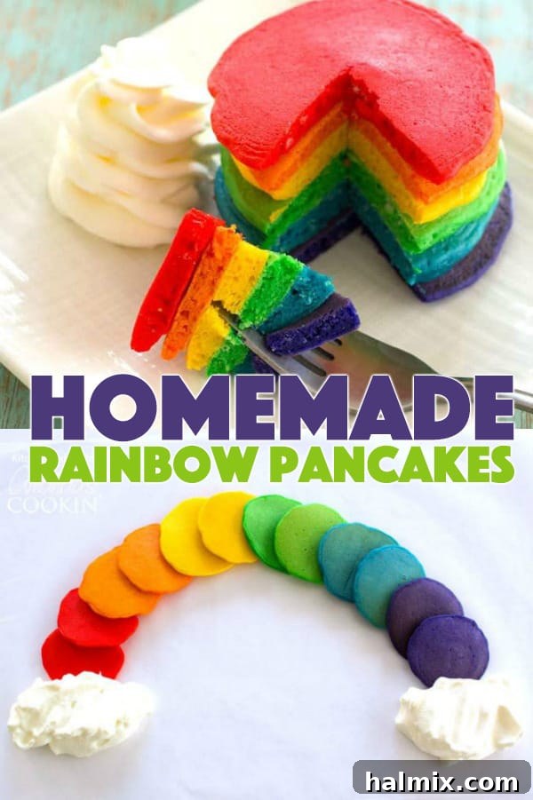 A vibrant stack of rainbow pancakes on a plate, showcasing all the colors, ready to be enjoyed as a festive breakfast.