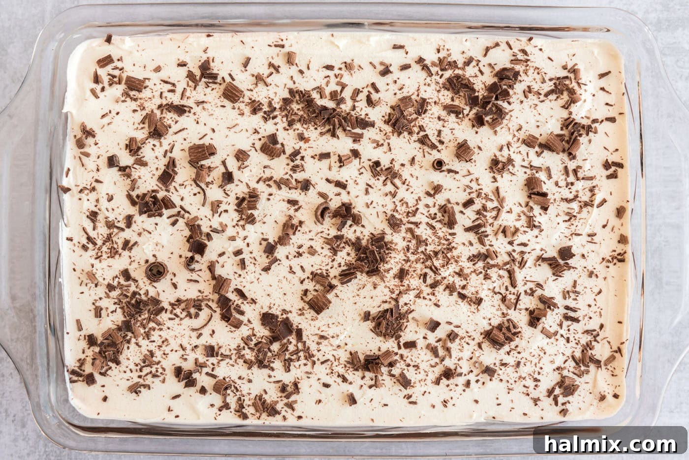 Invigorating Mint Chocolate Lasagna 11 Shaved chocolate generously sprinkled on top of the finished Mint Chocolate Lasagna