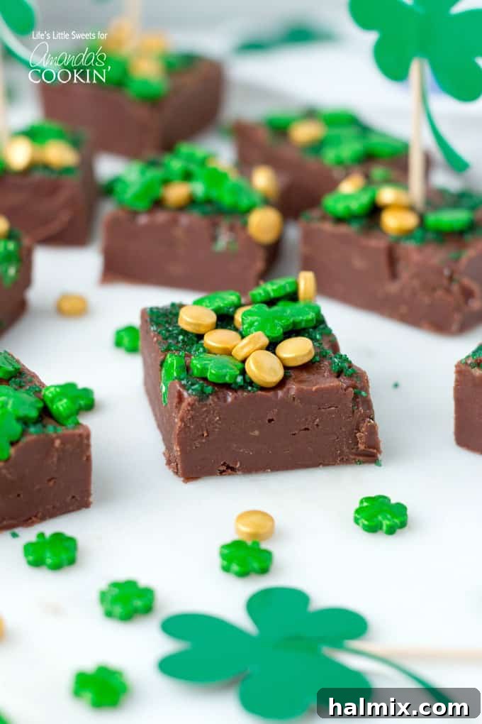 Baileys Irish Cream Chocolate Fudge with green and gold sprinkles for St. Patrick's Day