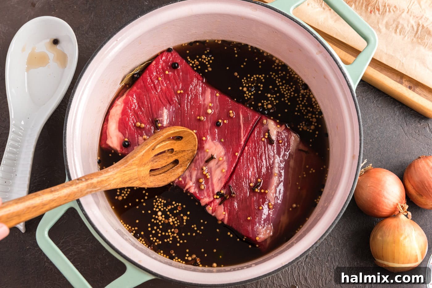 placing beef brisket in corned beef brine