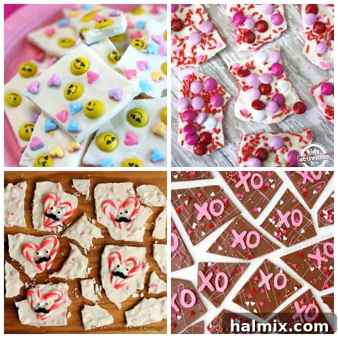 Simple yet stunning candy bark recipes for Valentine's Day gifting Colorful homemade candy bark with Valentine's Day themes