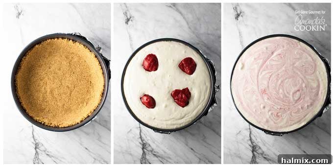 Velvet Strawberry Swirl Cheesecake 4 Three overhead pictures showing the cheesecake making process: a graham cracker crust in a springform pan, the pan filled with cream cheese mixture and strawberry puree dollops, and finally, the swirled cheesecake ready for baking.