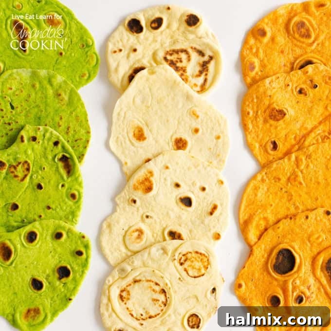 Create Your Own Deliciously Flavored Tortillas 3 An overhead picture of three different kinds of homemade tortillas laying on a white platter.