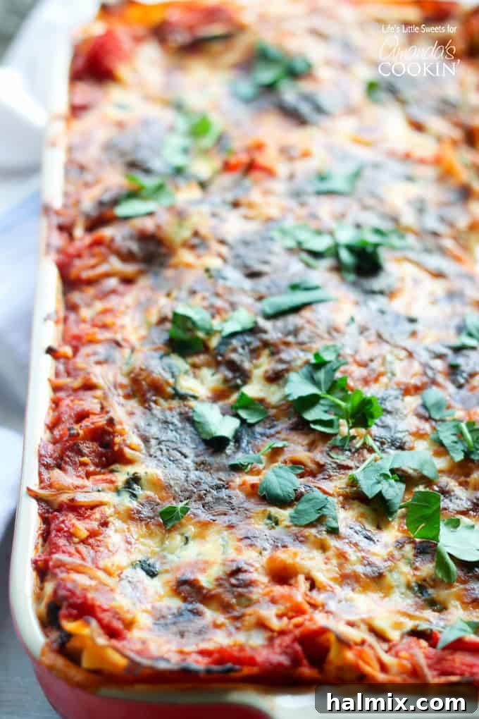 Hearty Garden Lasagna 3 close up of pan of veggie lasagna