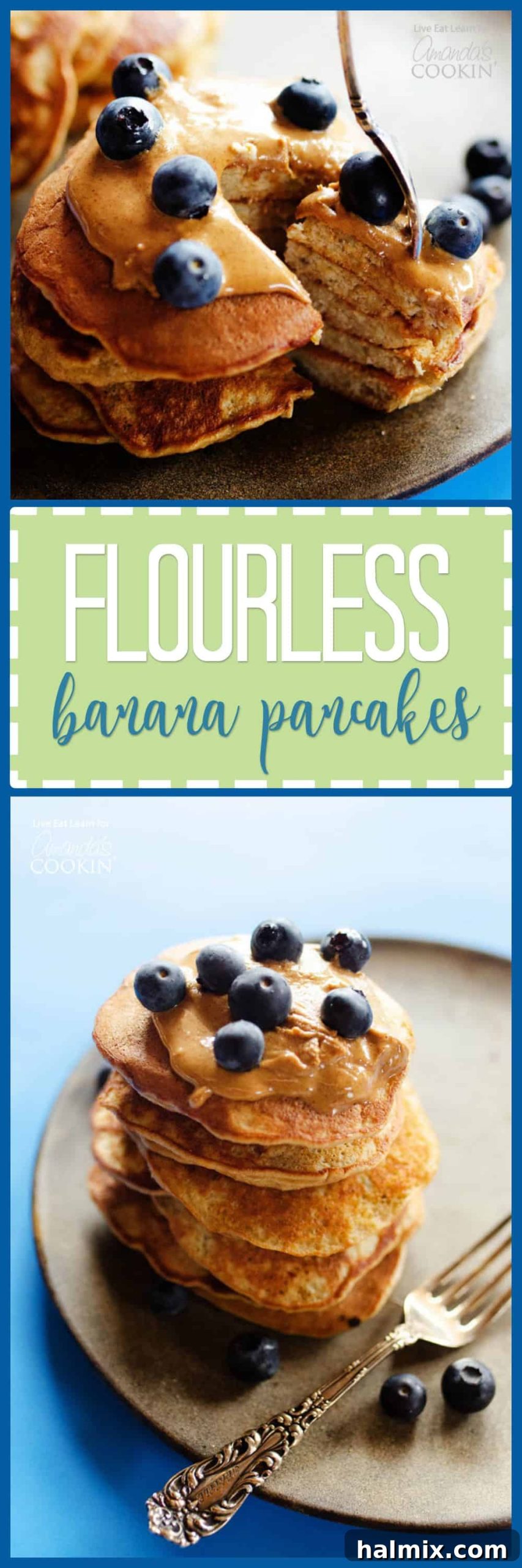 Grain-Free Banana Breakfast Cakes 6 pinterest image with text 'Flourless Banana Pancakes - Healthy and Delicious!'