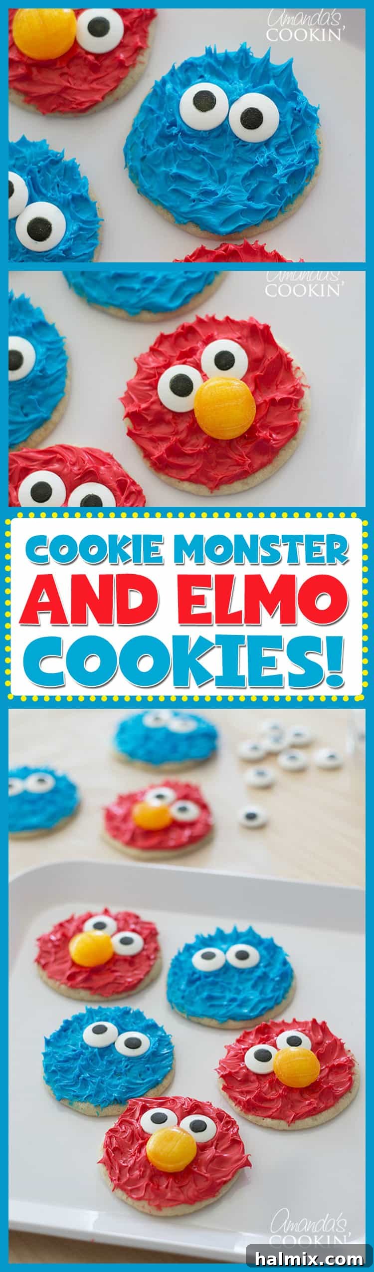 These charming Cookie Monster and Elmo cookies are a hit for any Sesame Street fan! Close-up of a stack of adorable Cookie Monster and Elmo cookies