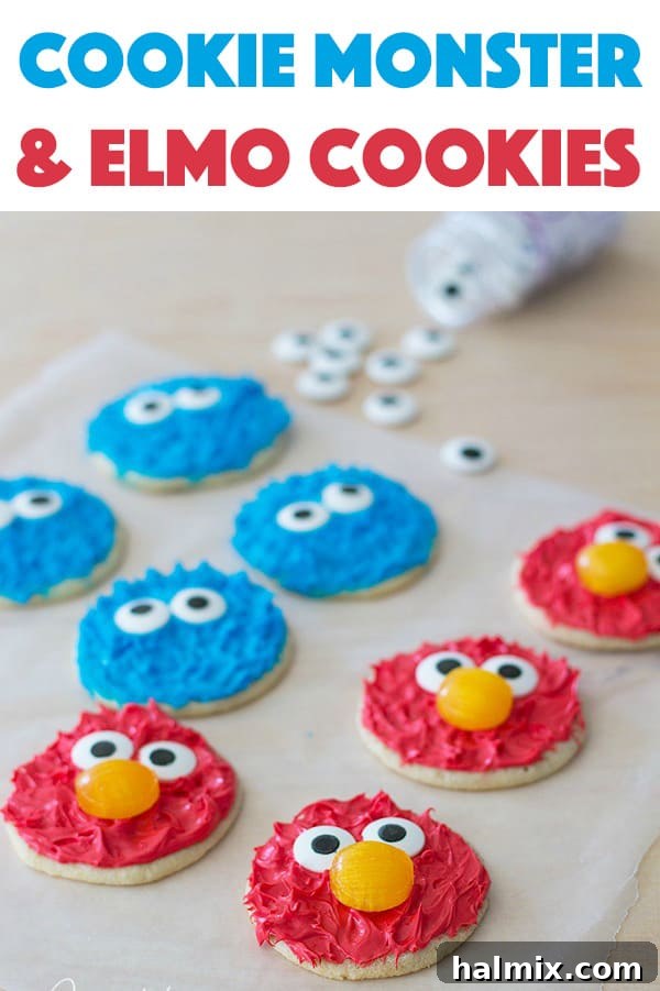 Make these cute Cookie Monster and Elmo cookies for your next gathering! Cookie Monster and Elmo cookies displayed on a rustic wooden surface