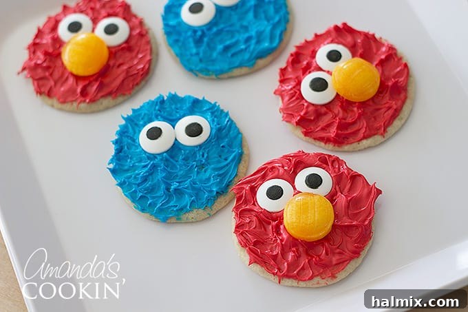 Cookie Monster and Elmo's Cookie Fun 3 Elmo and Cookie Monster cookies arranged on a white table, highlighting their delightful features