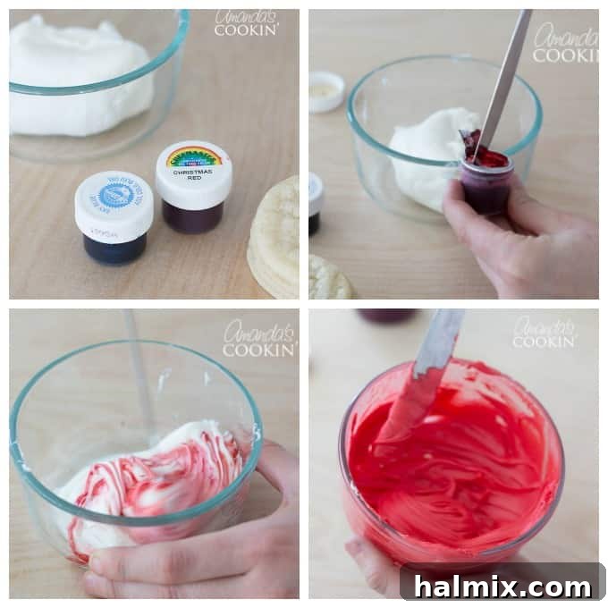 Cookie Monster and Elmo's Cookie Fun 4 Mixing red gel food coloring into white vanilla frosting in a bowl