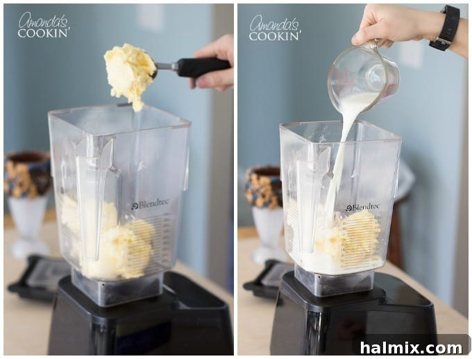 Five scoops of vanilla ice cream and half a cup of milk being added to a blender, the first step in making the Elmo Freakshake base.