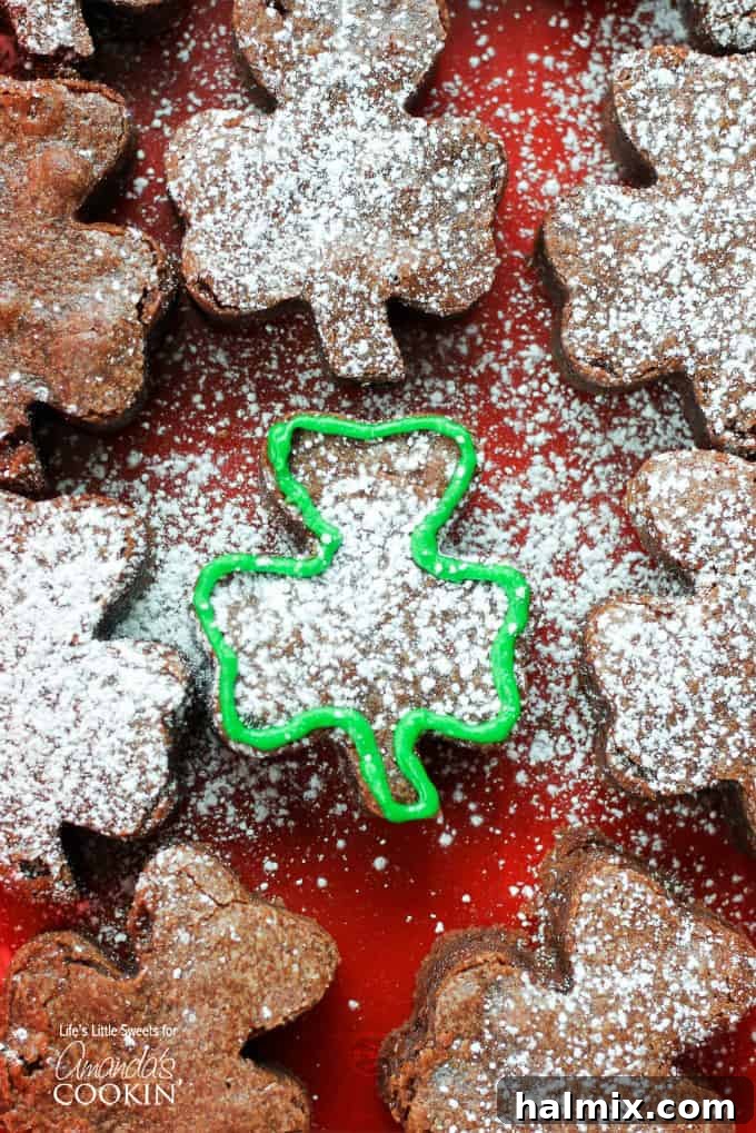 Two rich chocolate shamrock shaped brownies on a rustic white plate, ready to be enjoyed