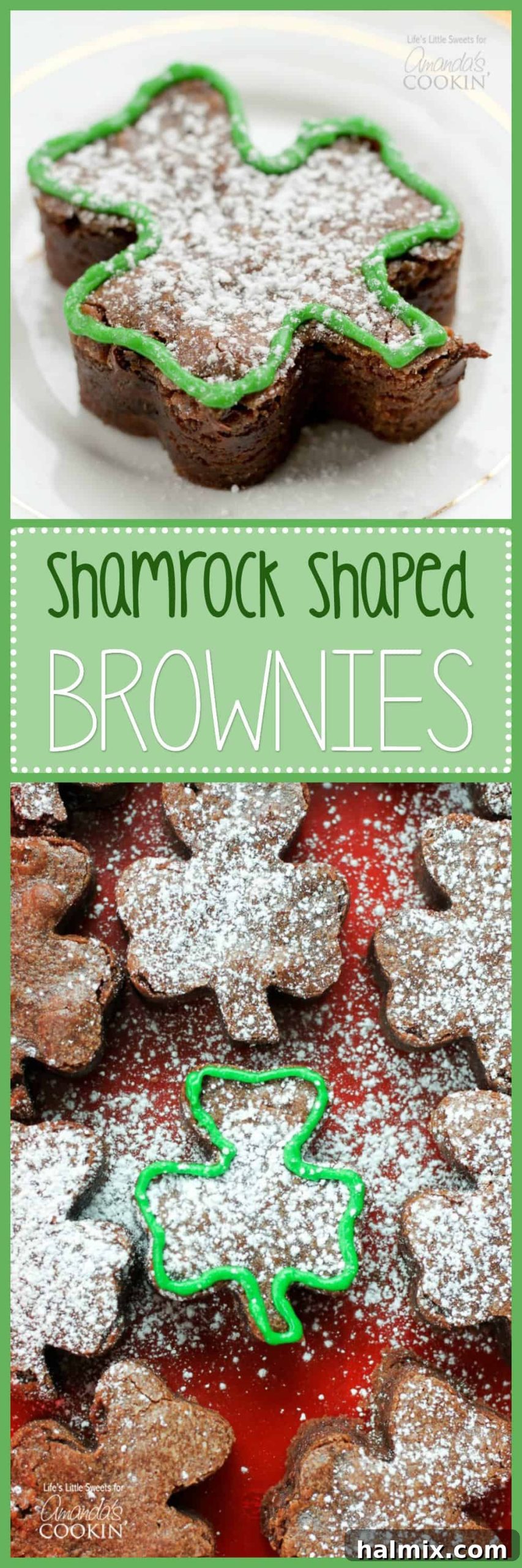 A vibrant Pinterest image featuring shamrock shaped brownies with bold text overlay: 'Shamrock Shaped Brownies - Your Lucky St. Patrick's Day Dessert!'
