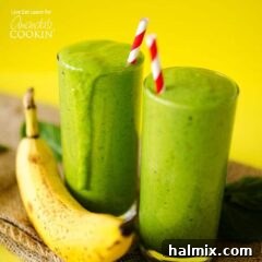Two green smoothies in tall glasses with straws, featuring a green border.