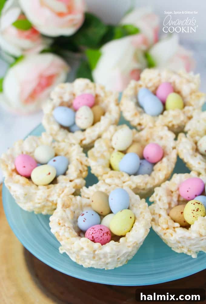 Delicious Rice Krispie Nests filled with mini chocolate eggs for Easter