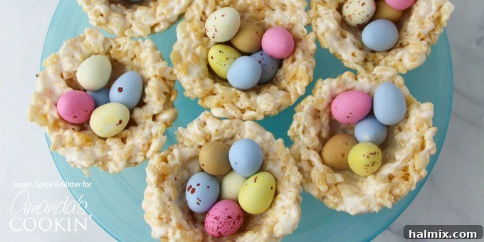 Overhead view of Rice Krispie Nests in a muffin tin