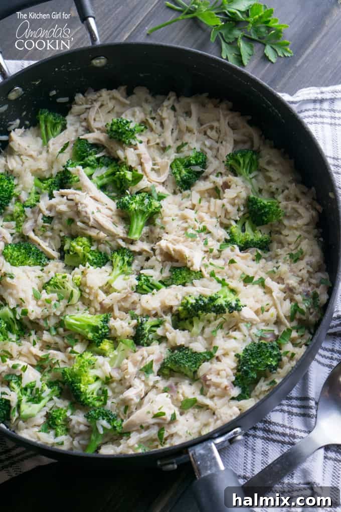 Skillet Chicken Broccoli and Rice, a creamy and satisfying one-pan meal with tender chicken and crisp broccoli.