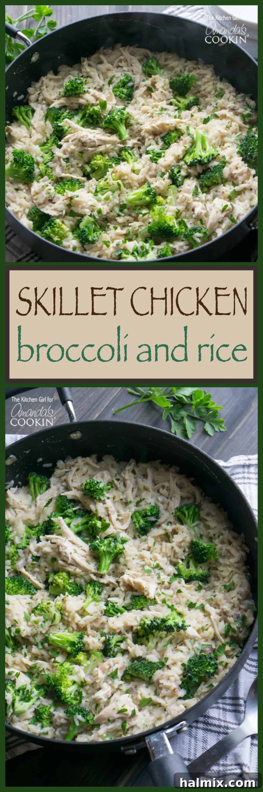 Skillet Chicken, Broccoli & Rice: Hearty and healthy one-pot meal with savory chicken, fresh broccoli, and creamy rice.