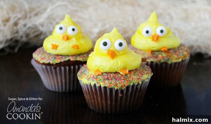 These cute Easter Chick Cupcakes are a quick & easy Easter dessert, fit to feed a crowd! Great for a holiday gathering or as a fun recipe to do with kids. #cupcakes #easter #easterdessert #spring #cupcakerecipes #easterrecipes Several Easter Chick Cupcakes arranged on a serving tray