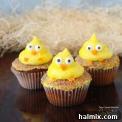 Sunny Chick Cupcakes 2 Three decorated Easter chick cupcakes