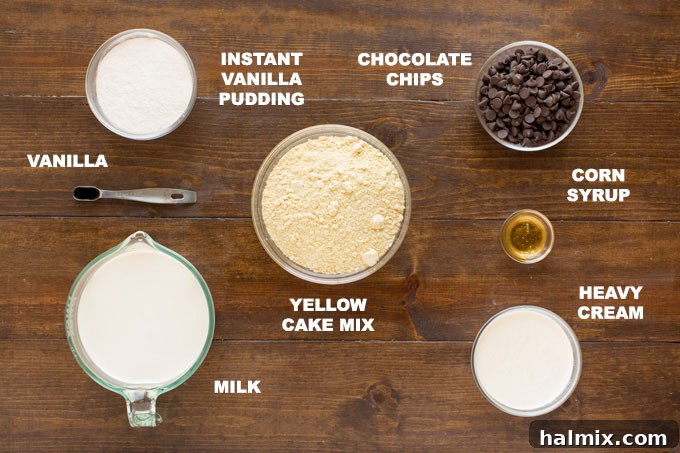 photo of labeled ingredients for boston cream poke cake: yellow cake mix, milk, pudding ,chocolate chips, corn syrup, heavy cream, vanilla