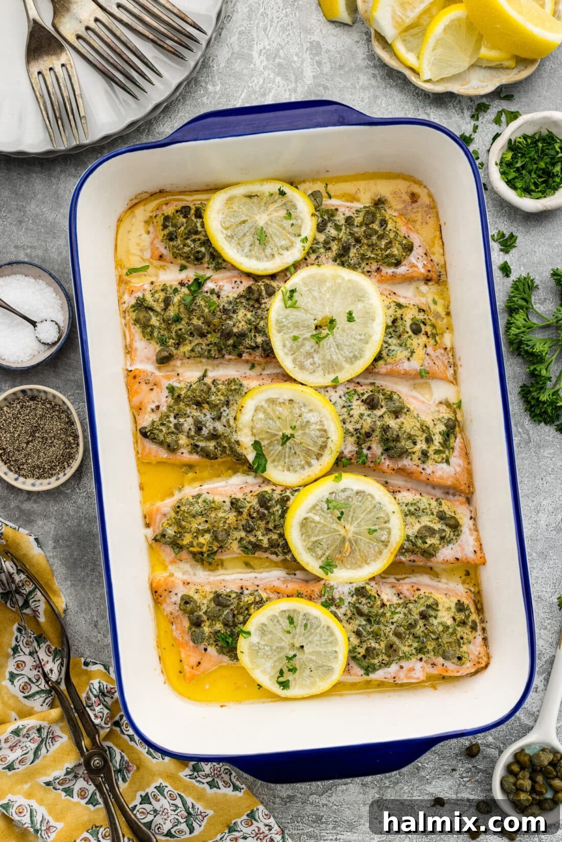 Baking pan of Lemon Caper Salmon